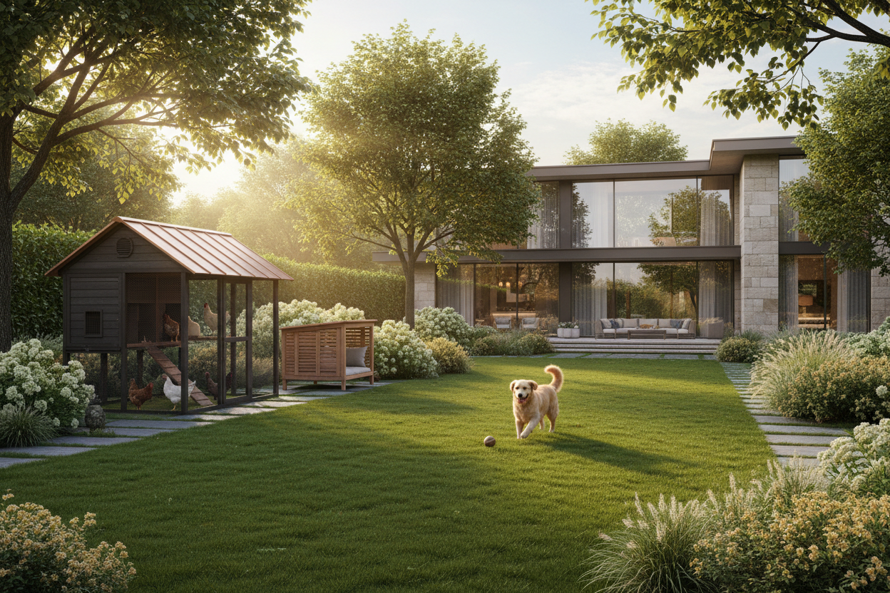 Generate a banner image suitable for a premium online store, but with natural lighting. Feature a photorealistic "Luxury" vibe of a modern architetural high end light and welcomign relaxing outdoor garden with trees and morning lights with a large chicken coop on a side with heans in it and an otdoor pet kennels and a dog playing on the garden with a mdoern house in the bakcgorudn as the clear focus. 